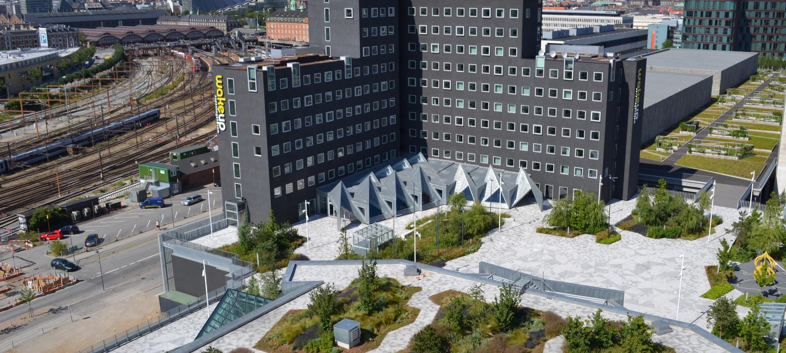 The roof of the of the Tivoli Congress Centre with walkways and plant beds