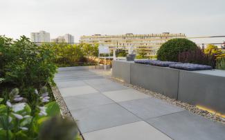 Roof garden with walkways and sitting walls