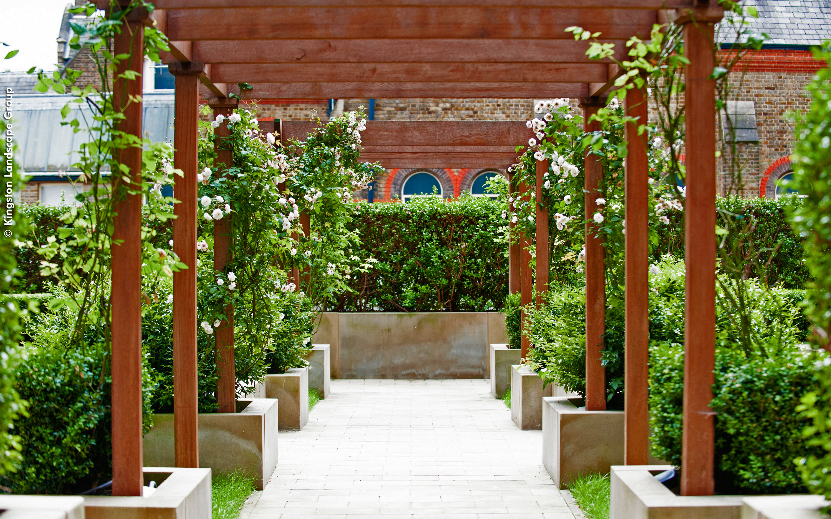 A wooden pergola with creepers and planters