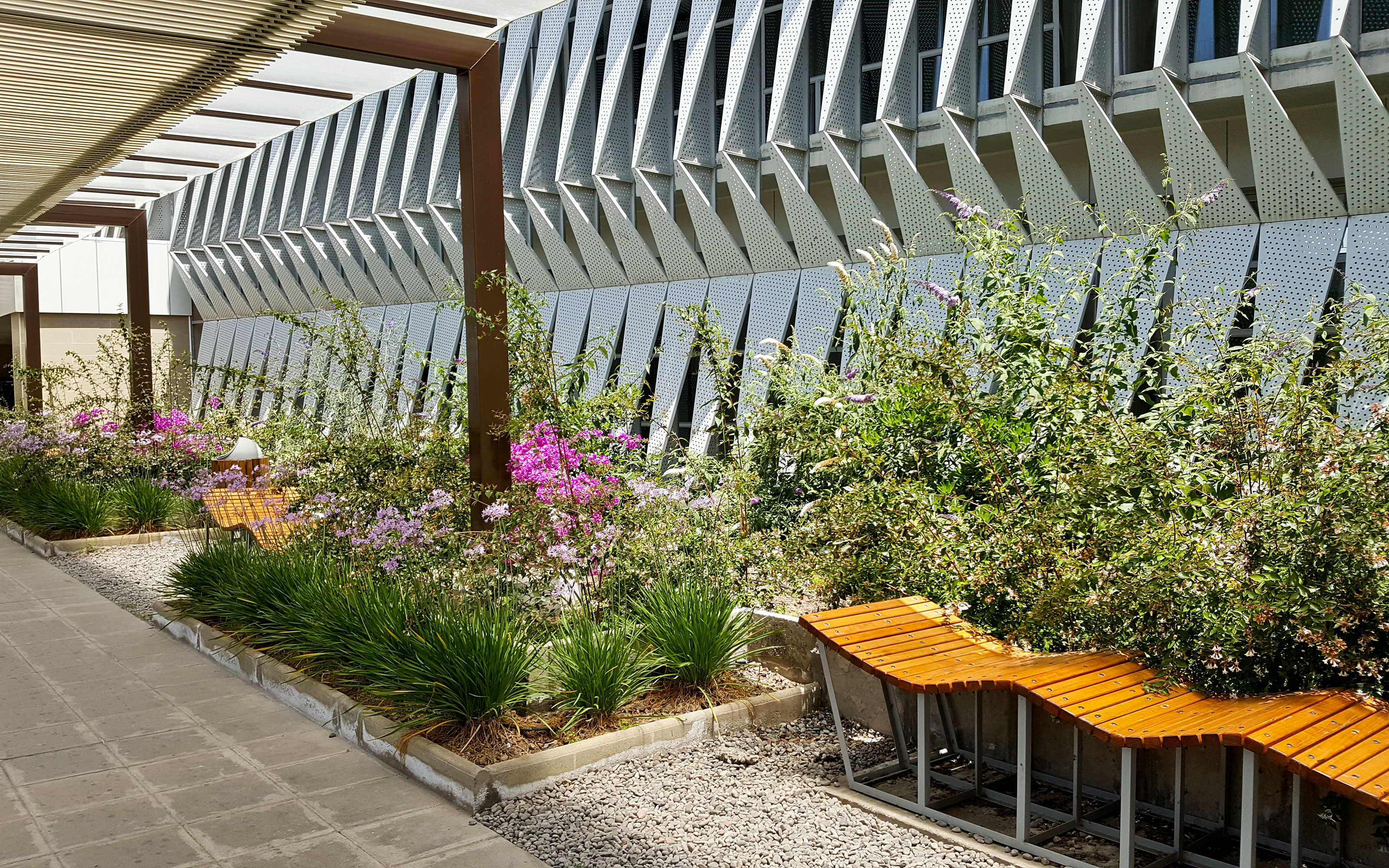 Plant beds with flowers and wave-like benches