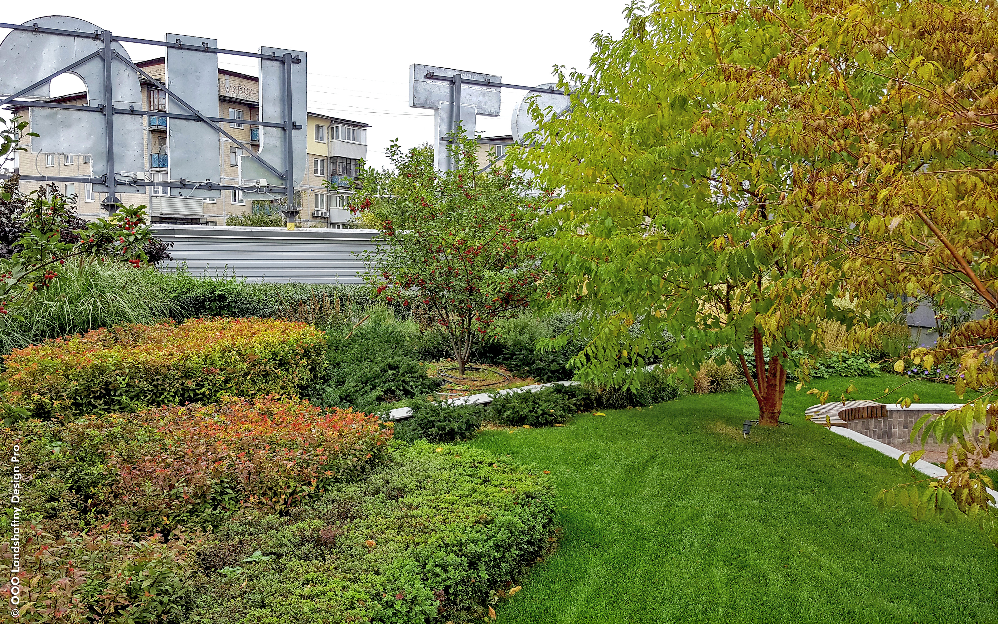 Roof garden with small trees, shrubs and lawn
