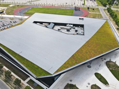 Pitched green roof from bird's eye view